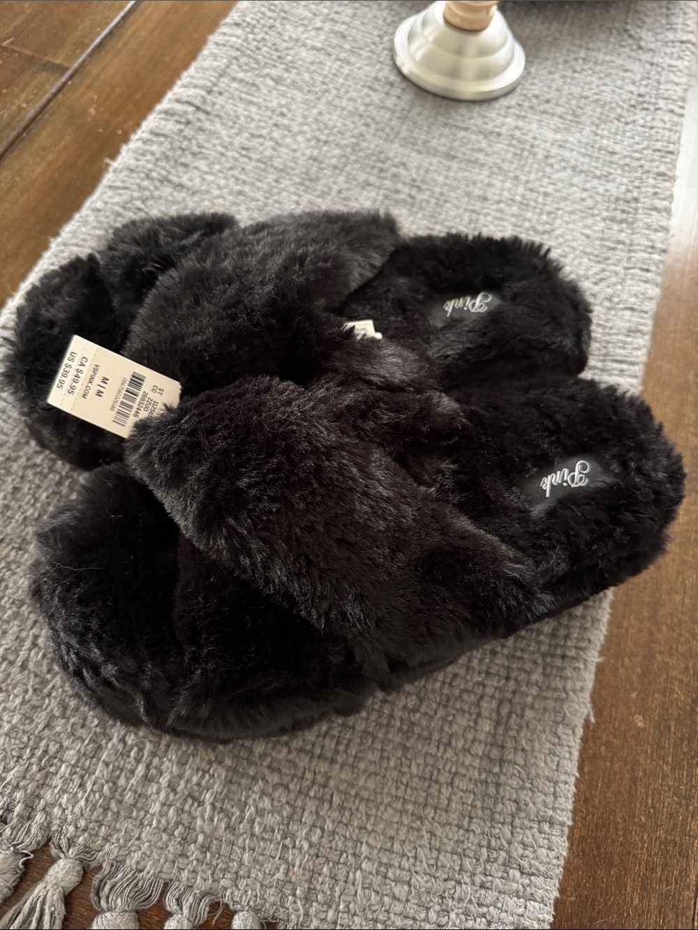 PINK Victoria's Secret Plush Black Crisscross Slide Slippers